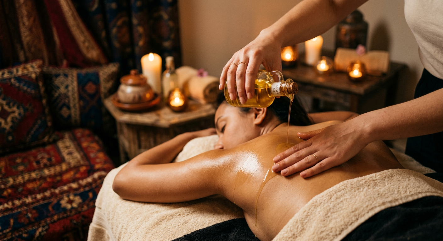 Massage à l'huile d'argan à la lueur des bougies