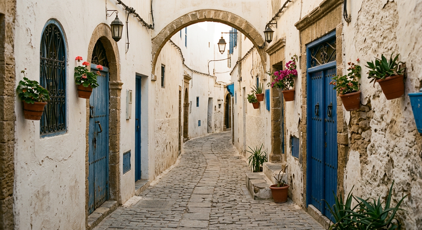 Ruelle blanchie à la chaux et portes bleues de la médina d'Essaouira
