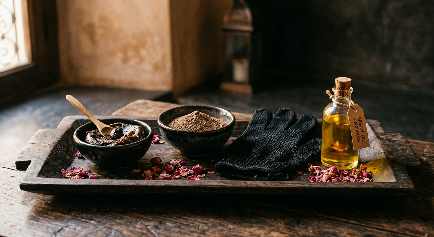 Savon noir, ghassoul, gant kessa et huile d'argan sur un plateau